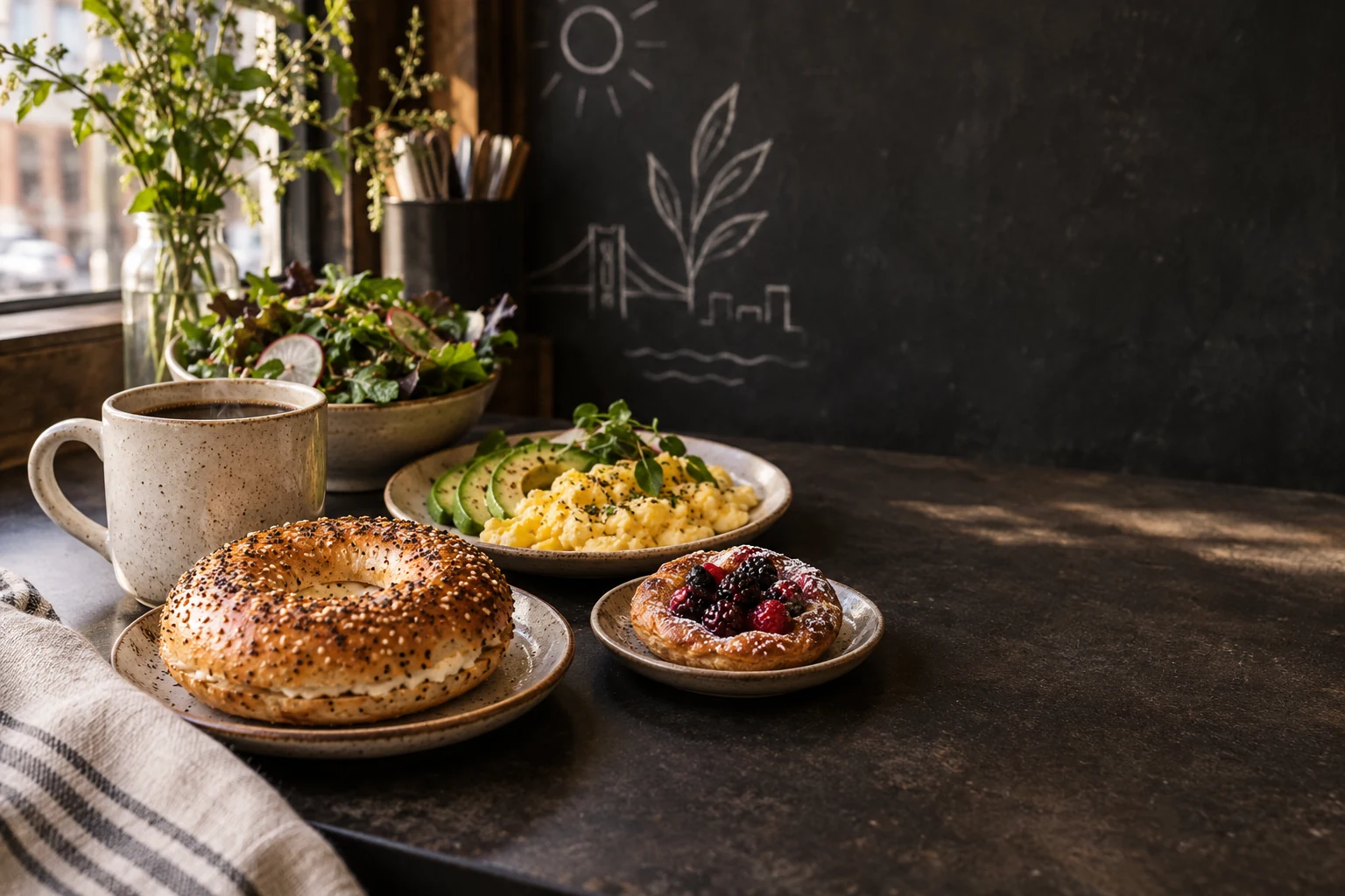 Illustrative café still life with an unbranded coffee cup, bagel, eggs, salad and berry pastry.